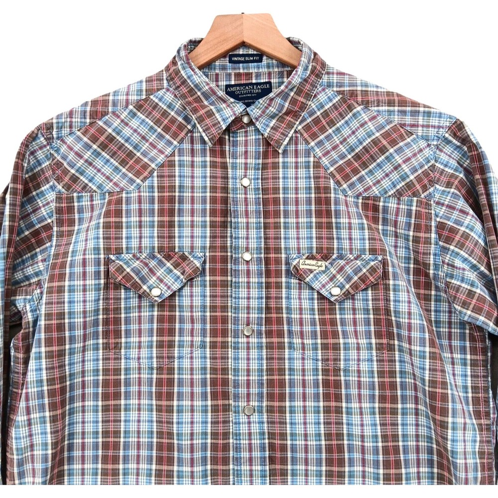 Vintage American Eagle Shirt Men M Multicolor Plaid Western Pearl Snap Slim Fit